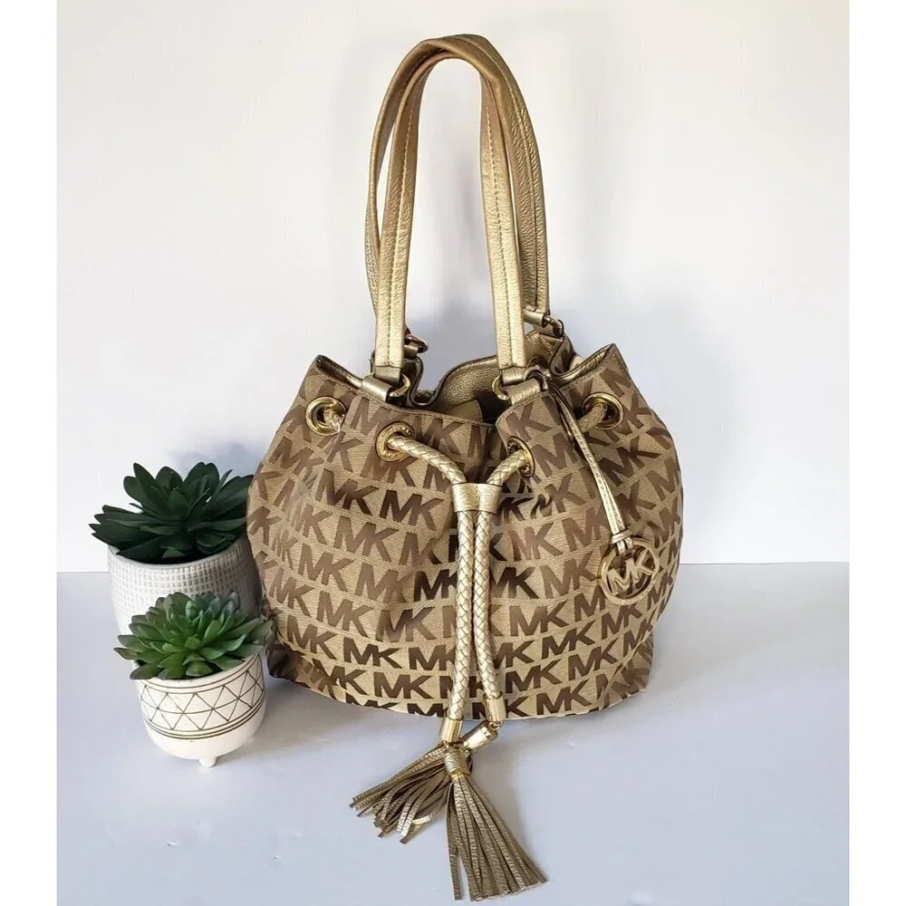 Michael Kors Jet Set Large Signature Gathered Hobo Satchel Tote Gold and Brown
